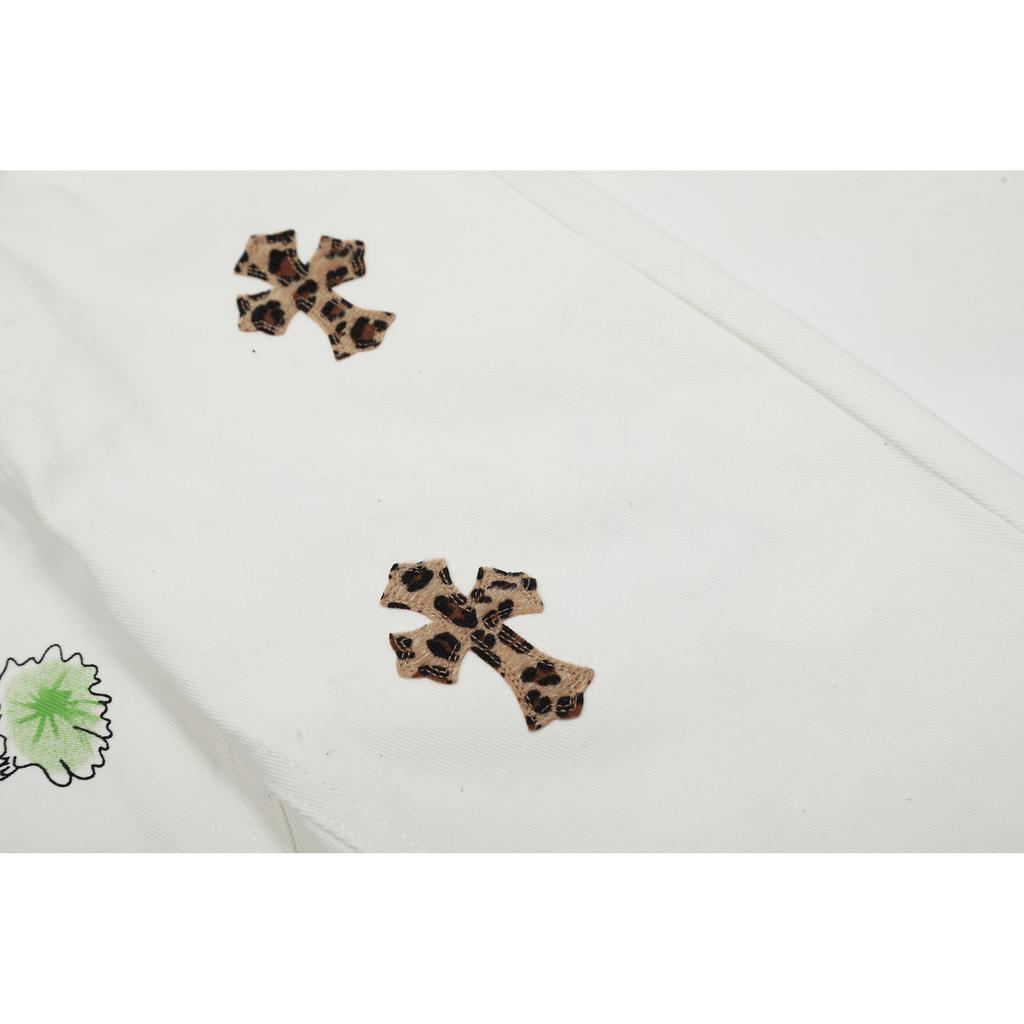 7704 CHROME HEARTS Men's and Women's American Style Trendy Jeans with Fabric Patches, Casual and Fashionable High Street Pants