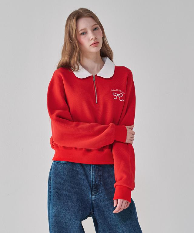RONRON Heart Ribbon Collar Zip Up Sweatshirt Red