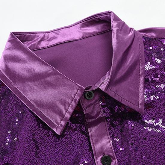 Мужская рубашка для выступлений с блестящими пайетками и отложным воротником, однобортная атласная рубашка с длинными рукавами и пуговицами для клубных вечеринок и сценических шоу