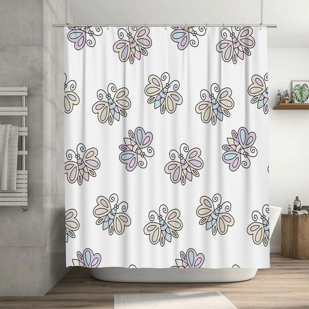 Hand Drawn Butterfly Shower Curtain White Floral Printed Bathroom Decor for Kids Bedroom Home Decoration 72 x 78 inches (183x200