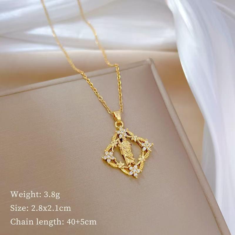 Gold Plated Mary Necklace CZ Inlaid Heart Choker Titanium Steel Religious Jewelry Gift for Women