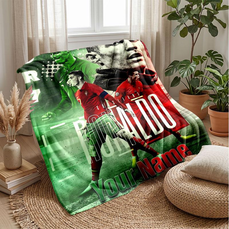 Cristiano Ronaldo Custom Name Text Flannel Blanket Soccer Logo Personalized Fleece Throw Blanket Special Gift For Sofa Bedroom Home
