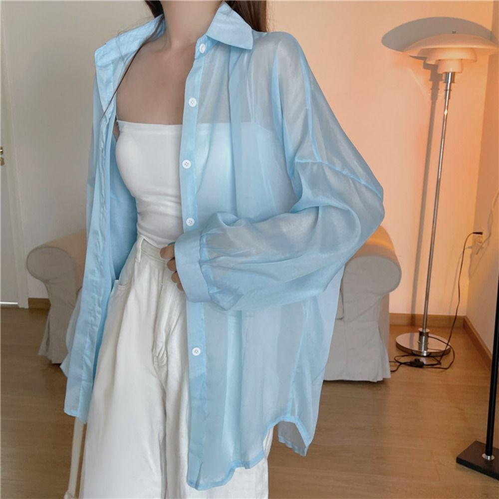 Chiffon Women Shirt Blouse Solid Color Female Loose Cardigan Casual Long Sleeve Top