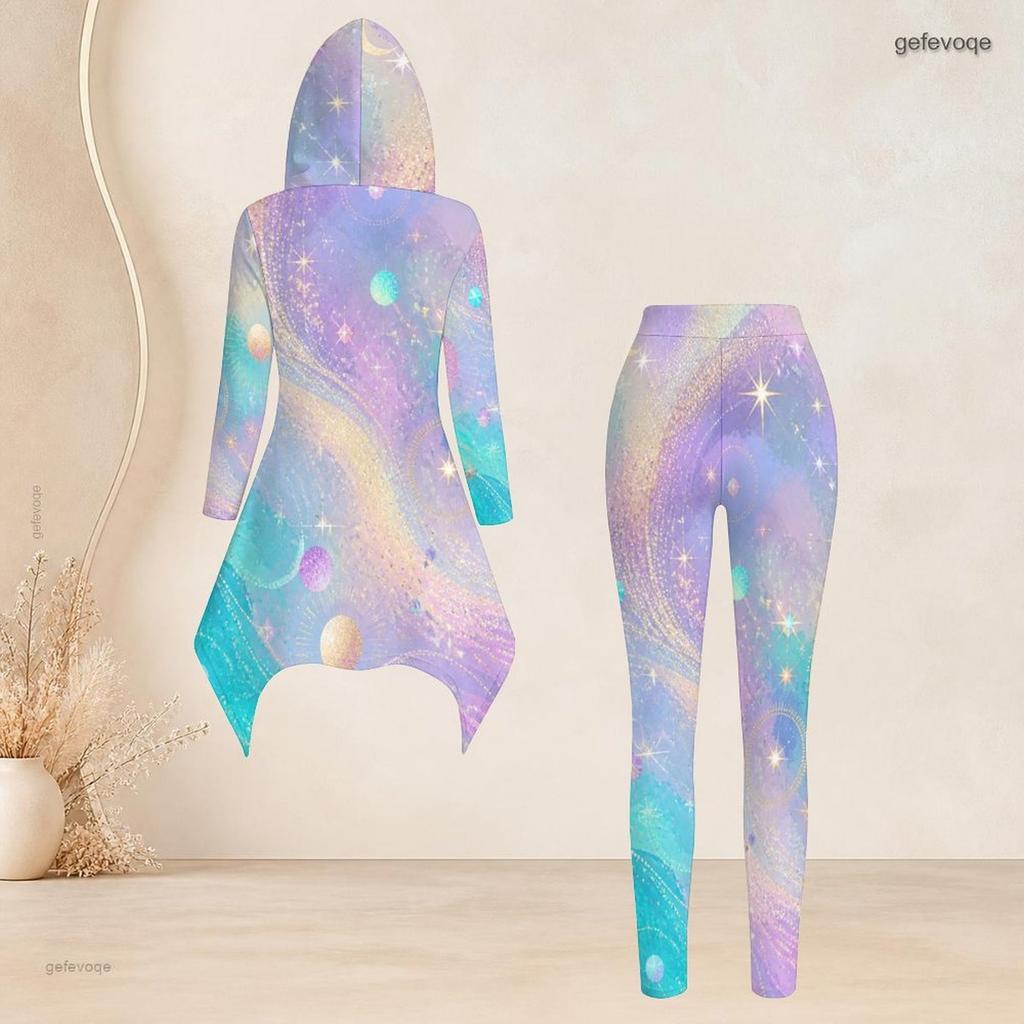 Women Plus Size Gray White Black Printed Hooded Long Sleeve High Low Top Fitted Pants Two Piece Set