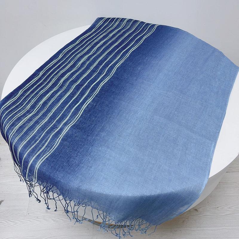 Linen Tie-Dye Scarf Gradual Change Blue Dye Batik Scarf Women'S Style Shawl Fringed Warm Silk Scarf