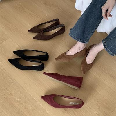 Французский вечерний бриз темперамент острый носок мелкий вырез туфли-лодочки женские весна и осень новые замшевые для работы повседневные толстый каблук слипоны wo