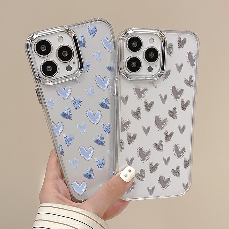 Electroplating Lens Frame Cute Love Heart Case For iPhone 16 15 14 Pro Max Plus 12 13 Pro 11 Clear Shockproof Phone Cover