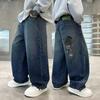 Boys' Spring/Autumn 2025 Fleece-Lined Straight-Leg Jeans for Kids - Trendy, Mid-to-Big Child Size, Loose Fit