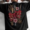 Винтажная черная футболка с принтом лица демона Они, цветочный японский текст, уличный повседневный топ с коротким рукавом
