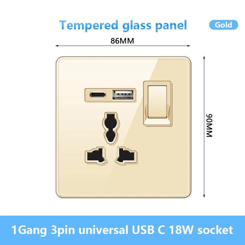 Универсальная настенная розетка Type-C мощностью 18 Вт с портами USB, быстрая зарядка, панель из закаленного стекла, розетка питания, стандарт Великобритании, двойная зарядная розетка USB