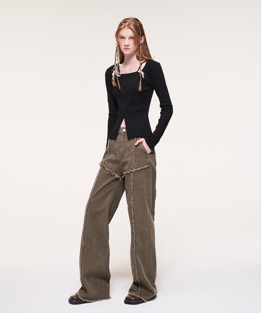 ETMON Damage Denim Pants, Khaki Brown