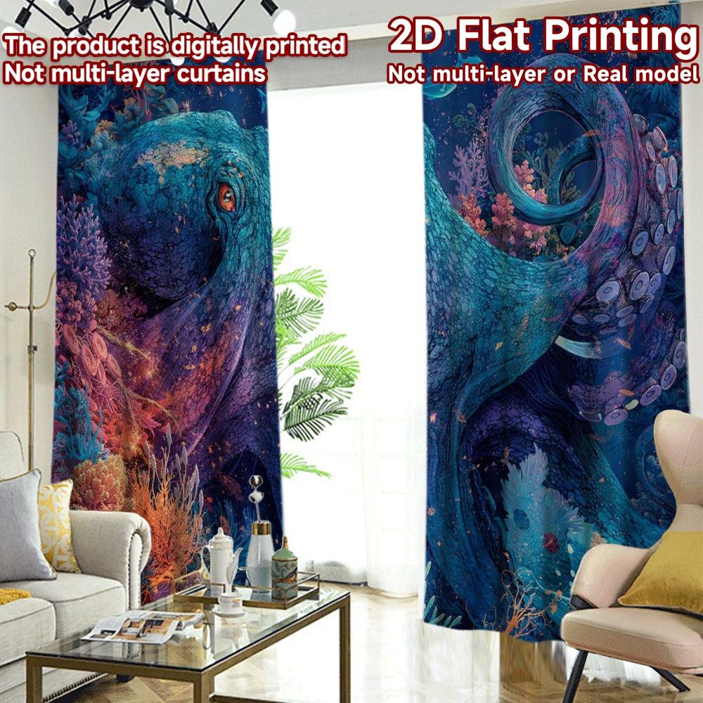 2D FLAT PRINTING 2pcs Curtains (Without Rod) Colorful Ocean Octopus Creative Popular Curtains Versatile 100% Polyester Curtains