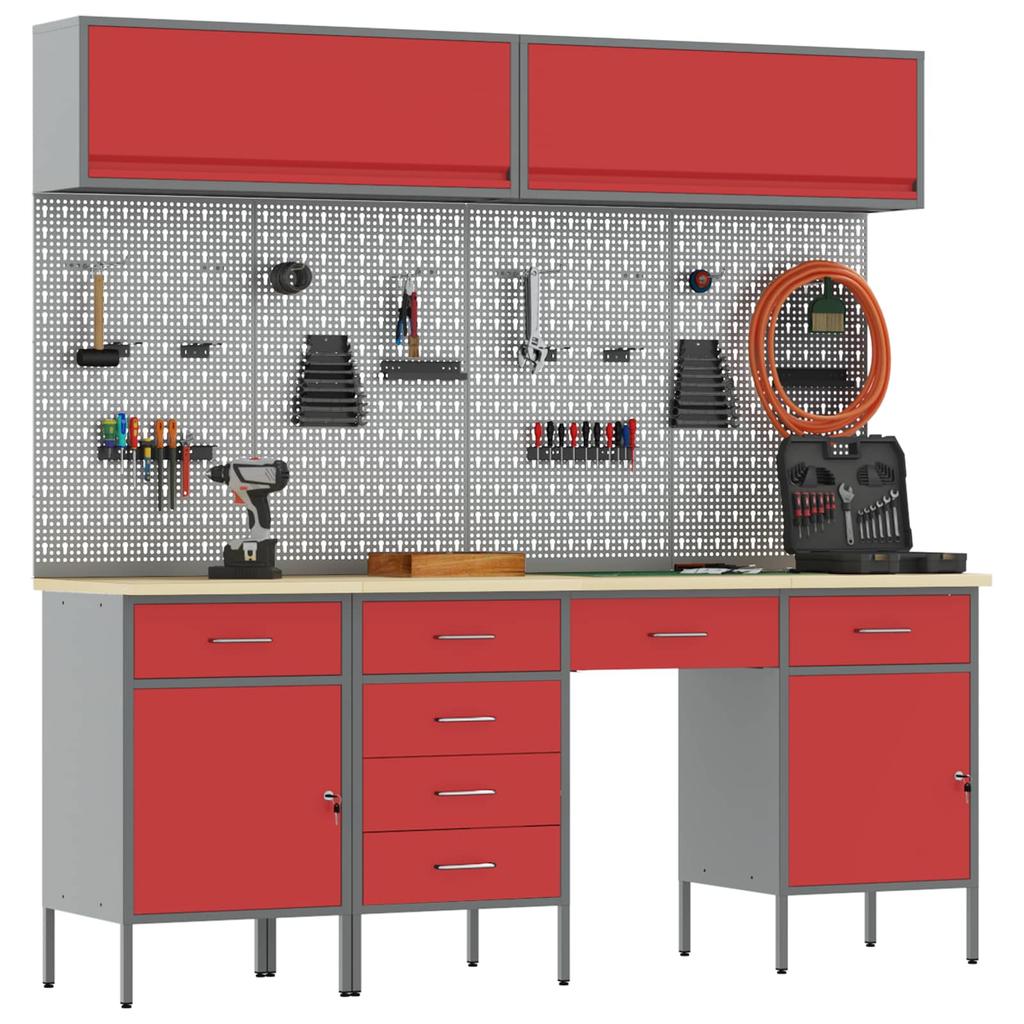 Workbench Cabinet Set with Drawers and Storage 10 pcs Red