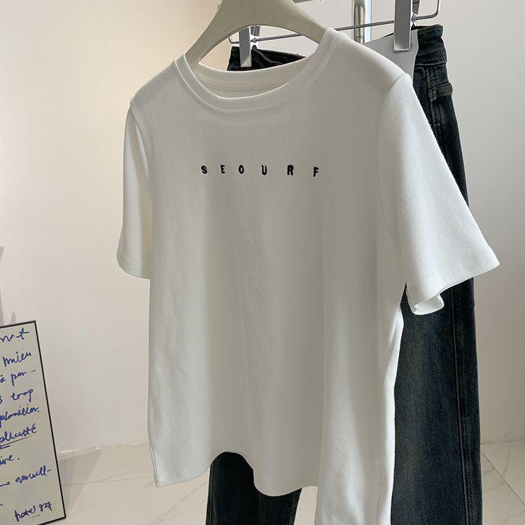 Женская модная футболка с вышивкой и короткими рукавами - Матовая, приталенного кроя, однотонная футболка с круглым вырезом для осени