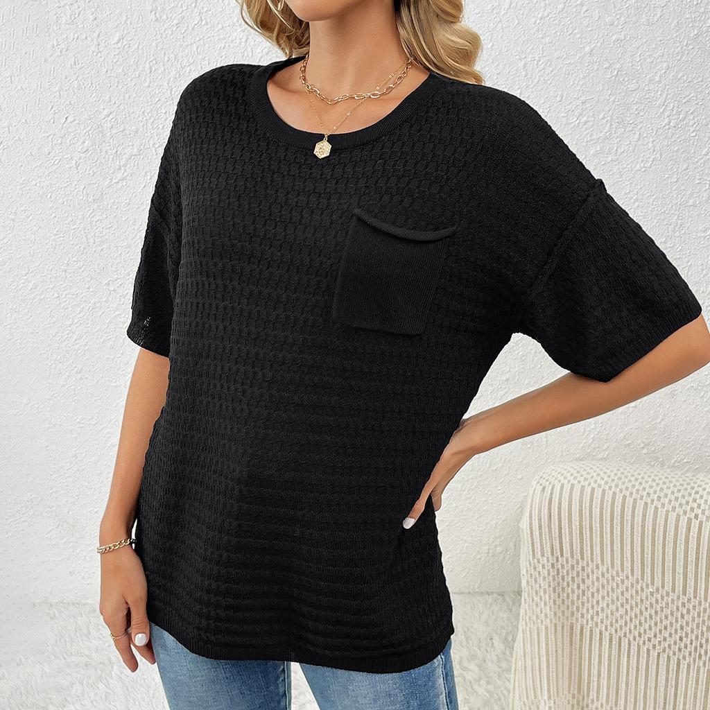 Новый весенне-летний женский пуловер с карманами, домашний однотонный женский трикотаж с короткими рукавами