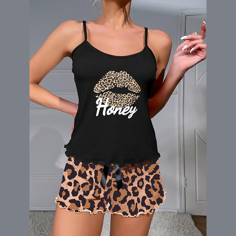 Летняя молочная шелковая пижама женская напечатанная черная бретелька через шею с леопардовым принтом шорты губ домашняя одежда для отдыха костюм