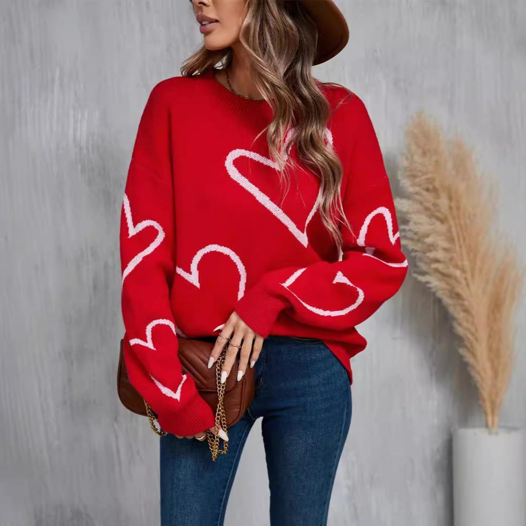 Autumn and Winter Women's Sweater Love Valentine's Day Pullover Long Sleeve Large Peach Heart Clashing Sweater