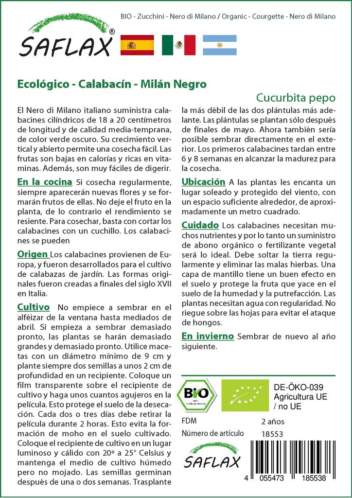 SAFLAX Сад в пакете - Органический - Кабачок - Неро ди Милано - 6 семян - С субстратом в подходящем стоячем пакете - Cucurbita pepo