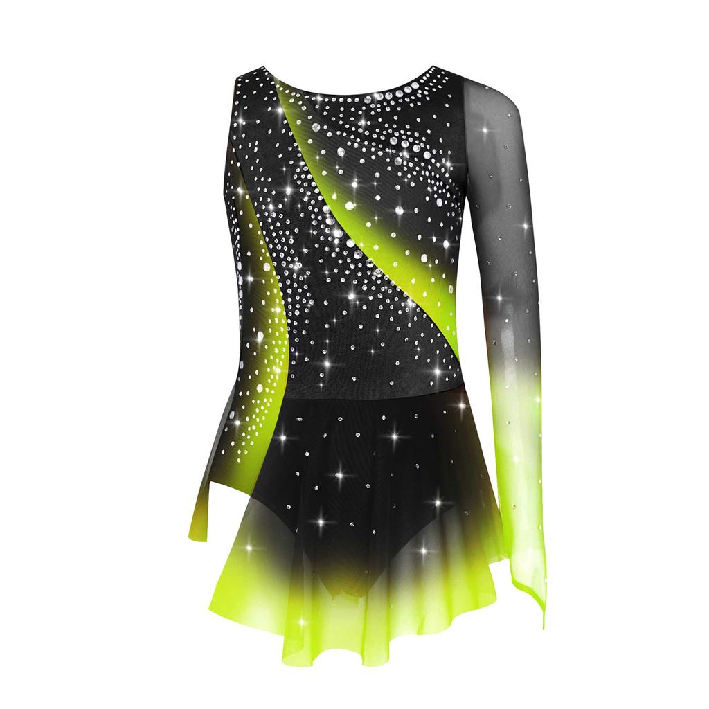 Girls Lyrical Dance Dress Round Neck Asymmetrical Split Shiny Rhinestones Contrast Color Figure Skating Gymnastics Gown