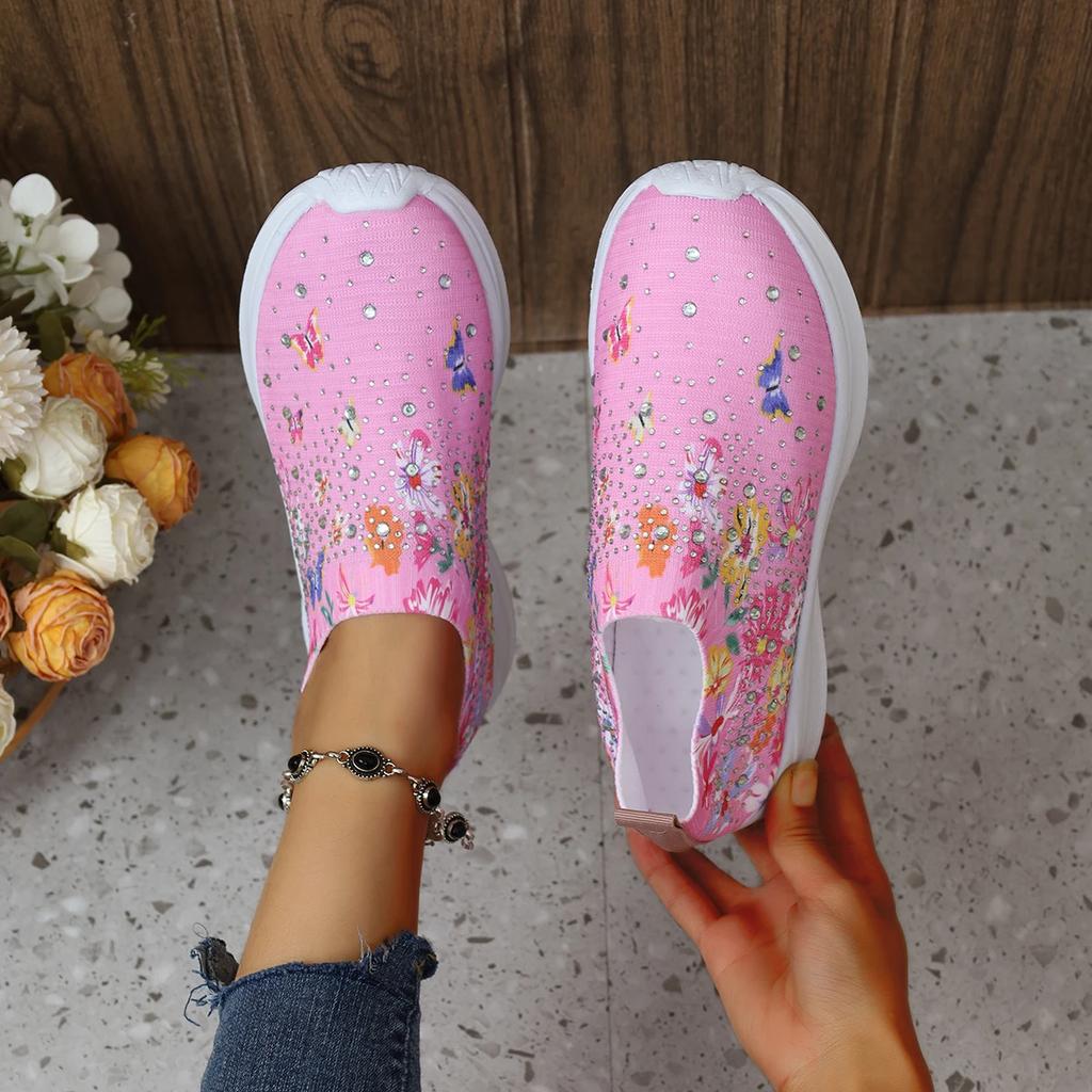 Fashion Print Flower Shoes Women Causal Sneakers Slip On Mesh Flats Autumn Platform Shoes Leather Cashmere Single Shoes Plus Size 43