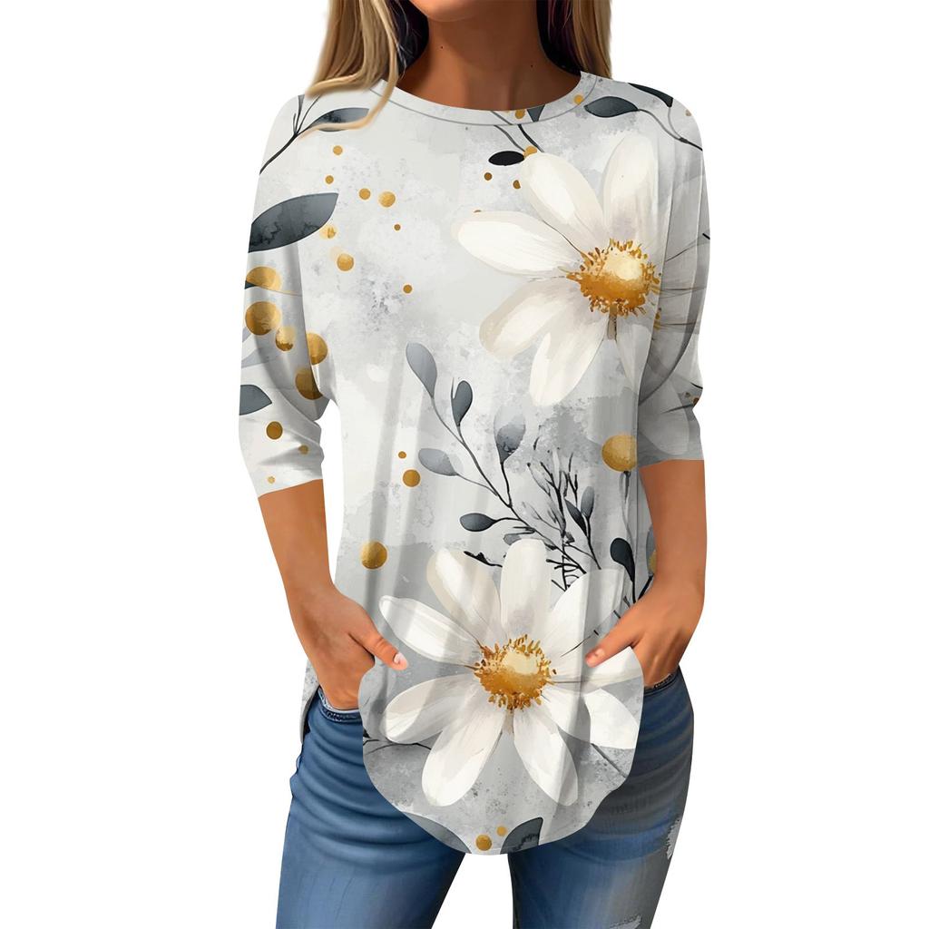 Рубашки с рукавом 3/4 для женщин, милые топы, футболки с рисунком, блузки, повседневные базовые топы больших размеров, пуловеры