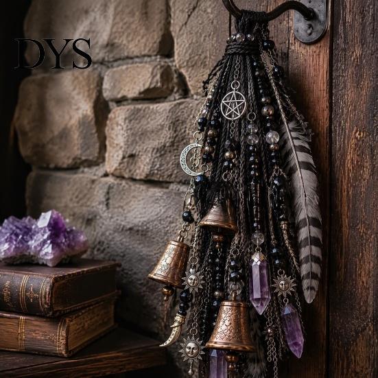 Bohemian Witchcraft Hanging Ornaments Witch Door Bell Decoration, Boho Sun Catchers, Retro Wind Chime, Pentagram Star Moon Decorative Tassel Pendants