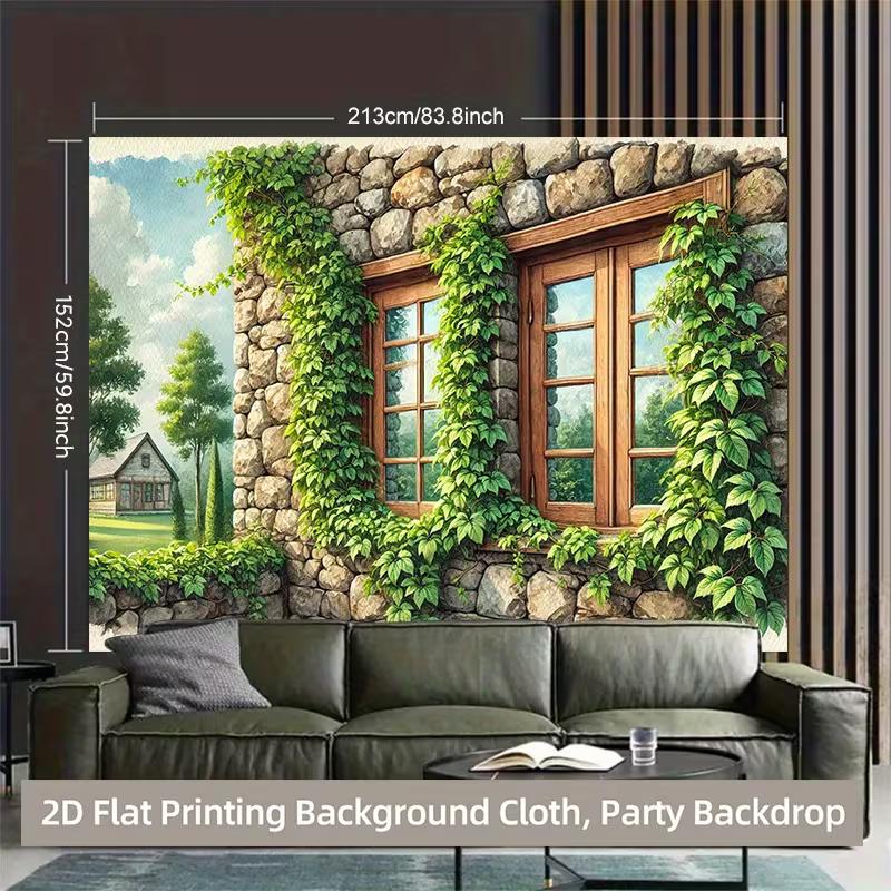 2D Cottagecore Stone Window Backdrop Green Ivy Nature Photo Booth Banner