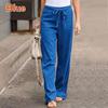 Women Polyester Cotton Pants Autumn Casual Solid Elastic Waist Straight Trousers Loose Long Pants Wide Leg Trousers