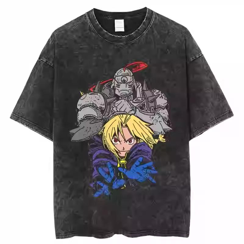 Anime Fullmetal Alchemist Brotherhood Gothic Frame Brothers Graphic Print T-Shirt Men Women retro Washed O-Neck Cotton Oversize streetwear fashion Top