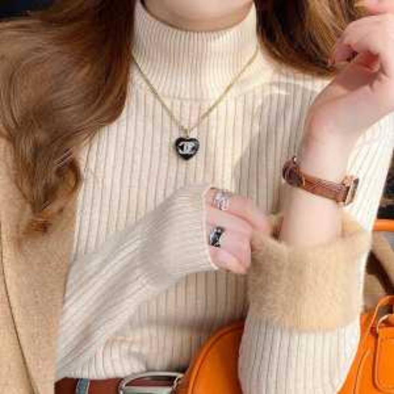 Женский свитер с полувысоким воротником и плюшем, зимний утолщенный внутренний вязаный базовый топ, однотонный универсальный теплый верх