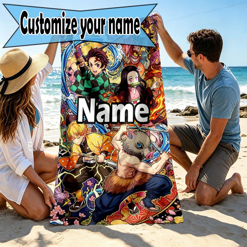 Custom Name Personalized Demon Slayer Print Beach Towel, for Trip Camping Beach Party Home Decor, Birthday Gift for Family & Friends
