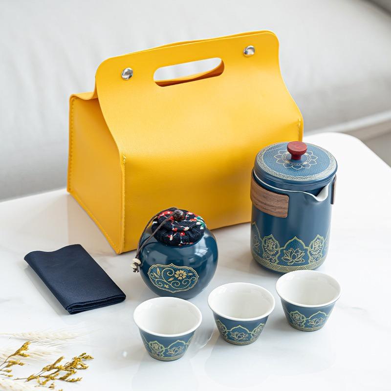Portable Ceramic Kung Fu Tea Set with Kuaike Cup Travel Outdoor Camping Art Tea Set Business Gift with Storage Box