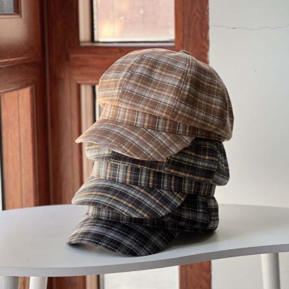 Thin Plaid Cloud Cap Cotton Women Octagonal Hat Vintage Grid Beret Cap Ladies