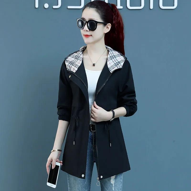 Женская куртка-тренчкот корейская весна-осень свободные длинные рукава короткие пальто женская ветровка с капюшоном верхняя одежда топы