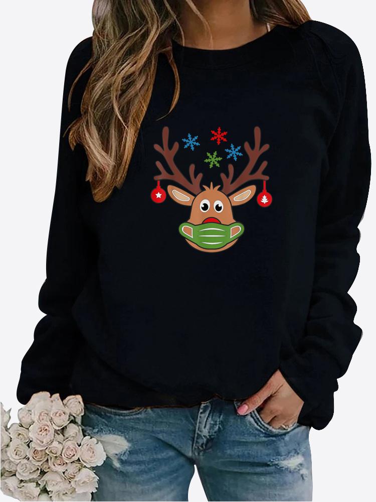 Women's Autumn and Winter Plush Clothing Printed Casual Sportswear Long Sleeved Top T-shirt Women's Round Neck Sweater Pullover