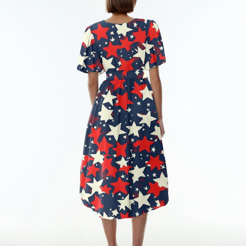 Women's Loose Casual V-Neck Flared Skirt Short Sleeved Printed Dress Printed Dress