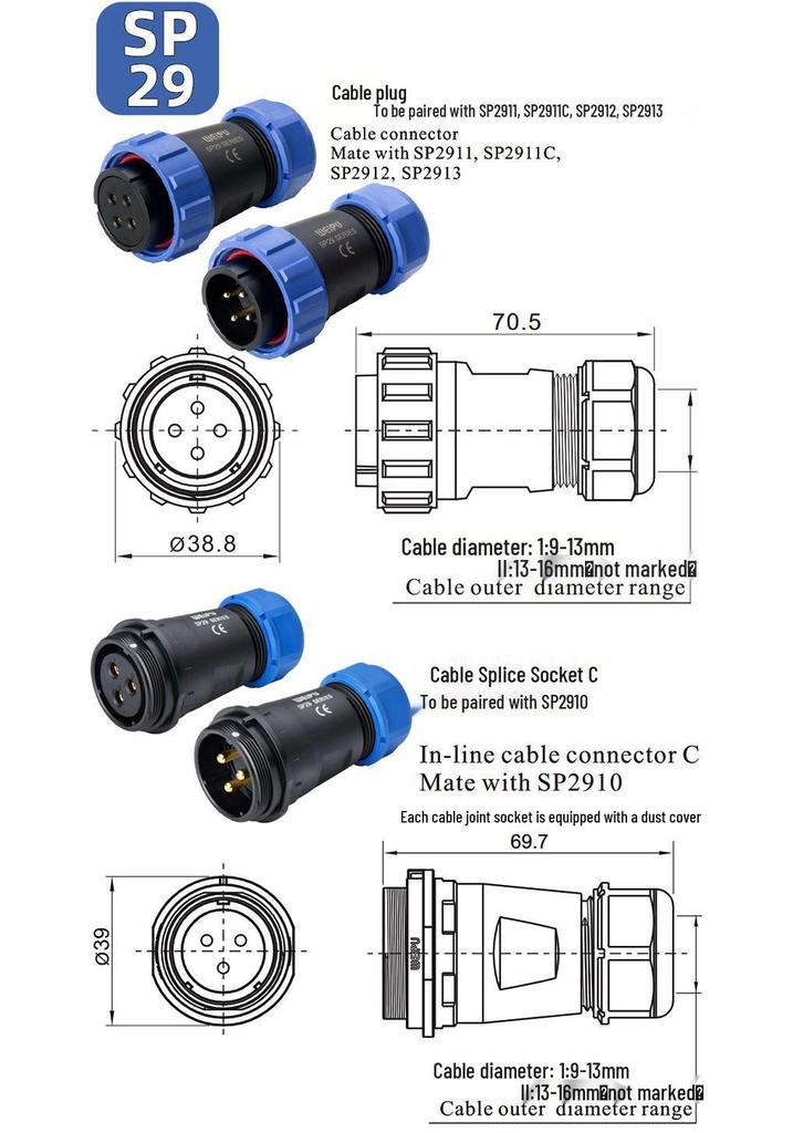 Weipu SP29 Aviation Plug IP68 Diamond Flange Male Female Connector.