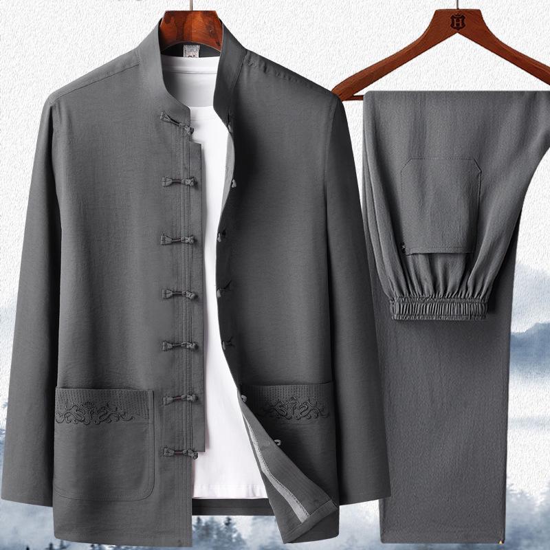 Мужской традиционный китайский костюм тан с длинным рукавом для весны/лета - Идеально подходит для пап и дедушек среднего и пожилого возраста, Идеально подходит для тайцзи.
