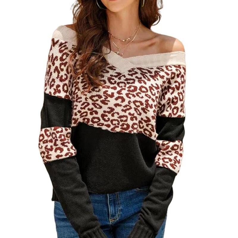 Модный пуловер с леопардовым принтом, осенние сексуальные свитера с открытыми плечами, свободная зимняя одежда, теплые вязаные топы 29446