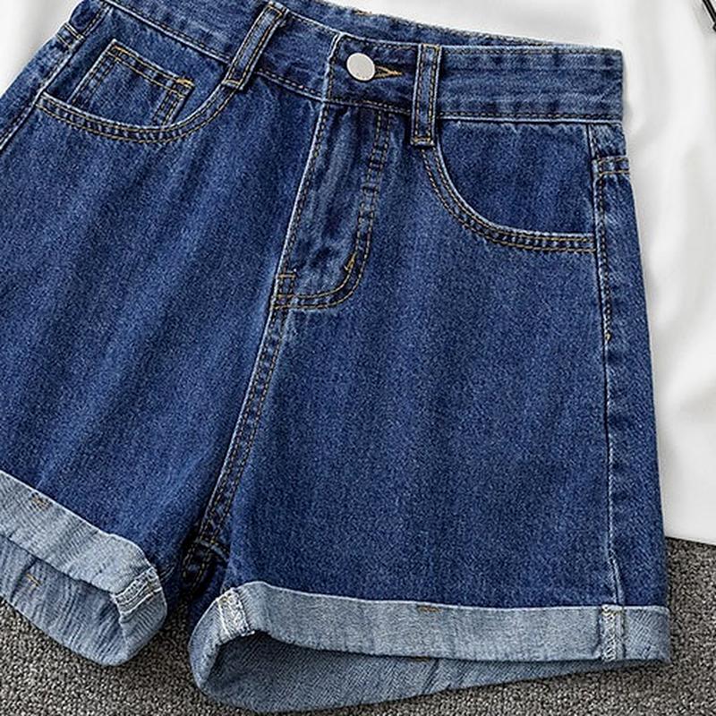 Женские тонкие повседневные джинсовые шорты с высокой талией больших размеров, женские синие джинсовые шорты