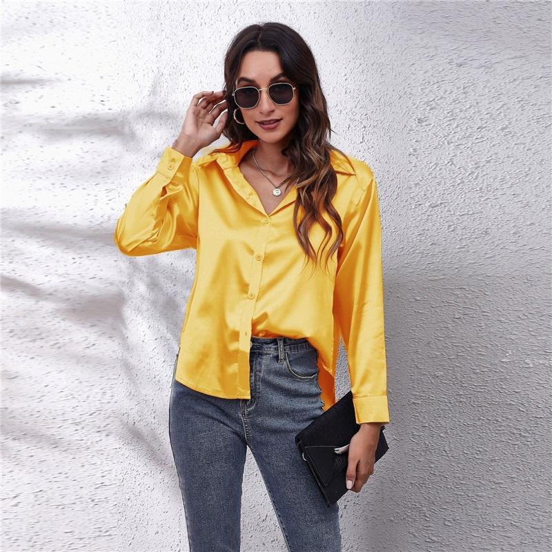Women's Satin Blouse Long Sleeve V Neck Casual Button Down Shirt