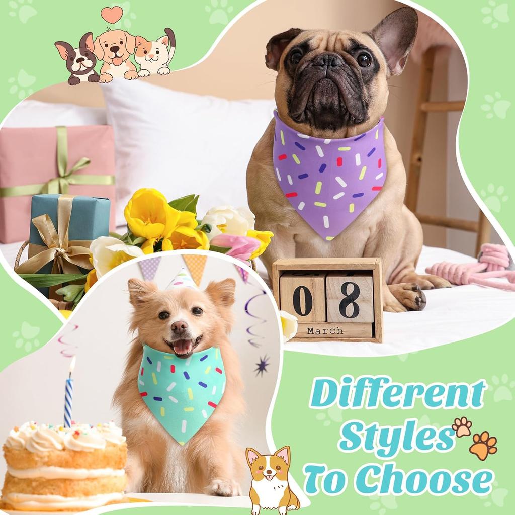 Sanwuta 50 Pcs Birthday Dog Bandanas Bulk, Donut Confetti Design, Pink Yellow Blue Green Purple Triangle Kerchief Bibs Scarf, Pets Doggie Birthday