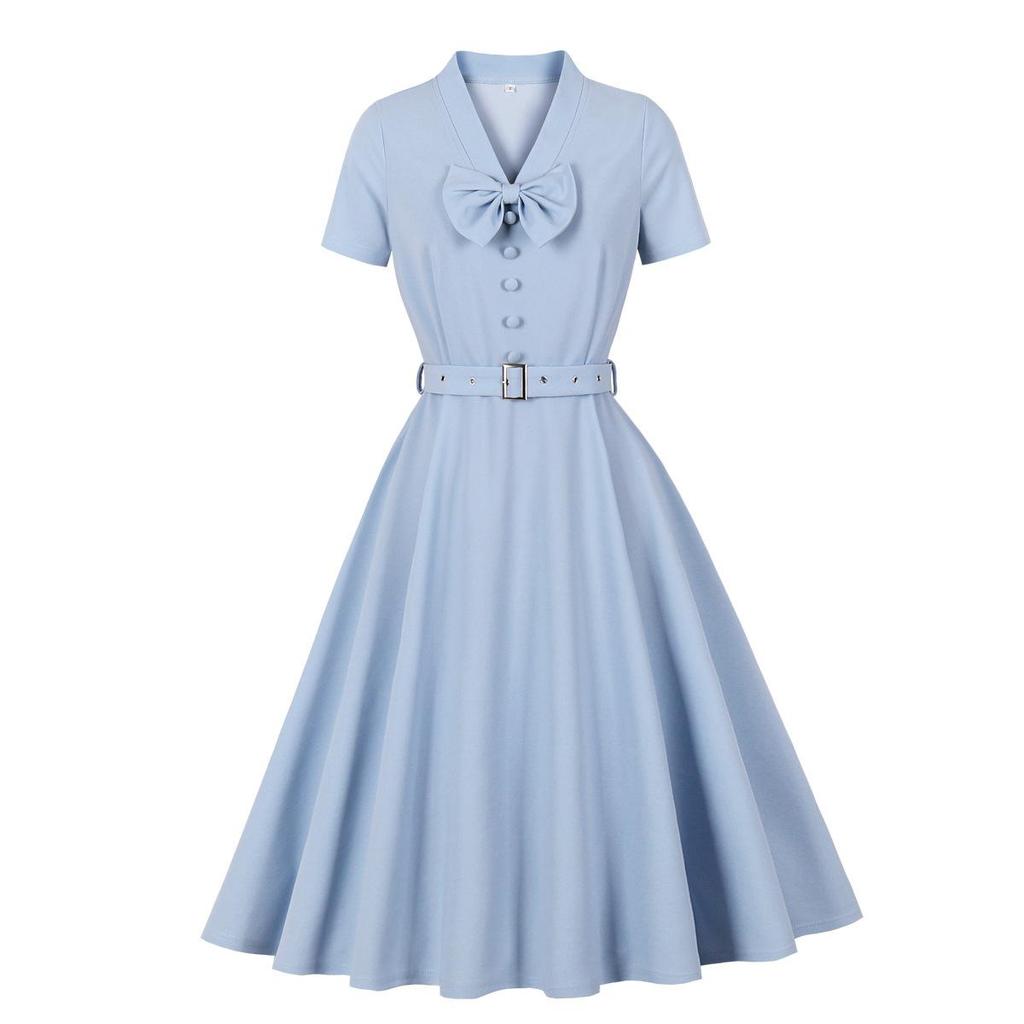 Женские ретро-платья в стиле свинга с короткими рукавами, V-образным вырезом, пуговицами-бантом, поясом, платье в стиле Хепберн, с высокой талией, повседневная одежда