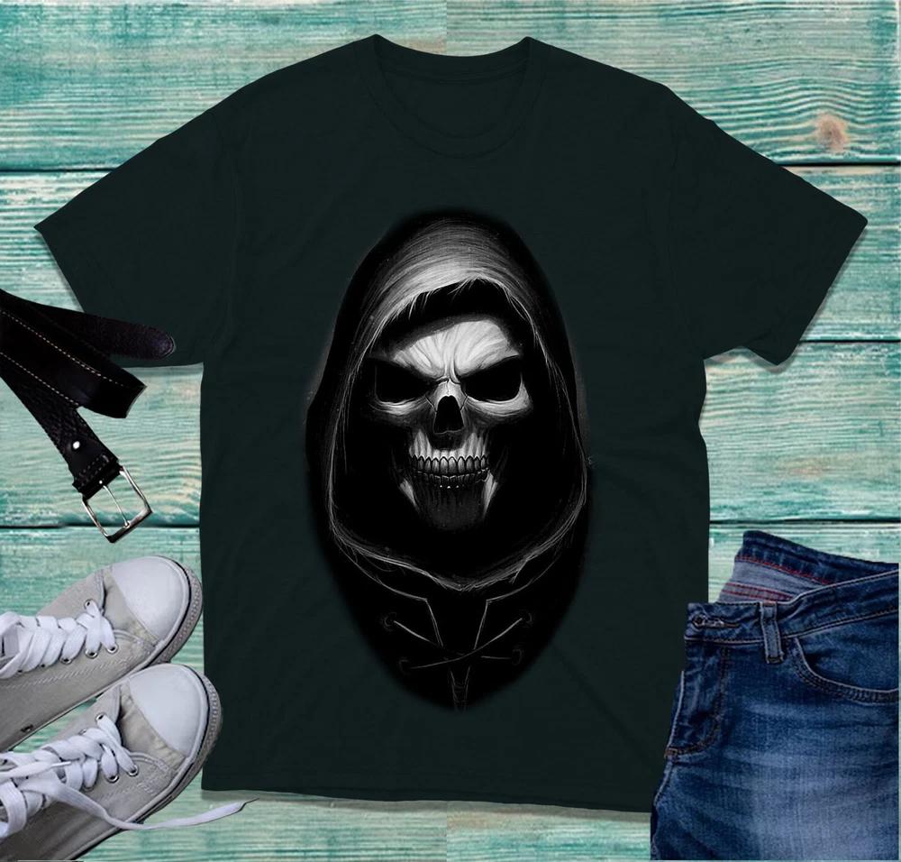 Skull In Black Hood Front Big Print Tshirt Death Skull Horror Scary Unisex Top