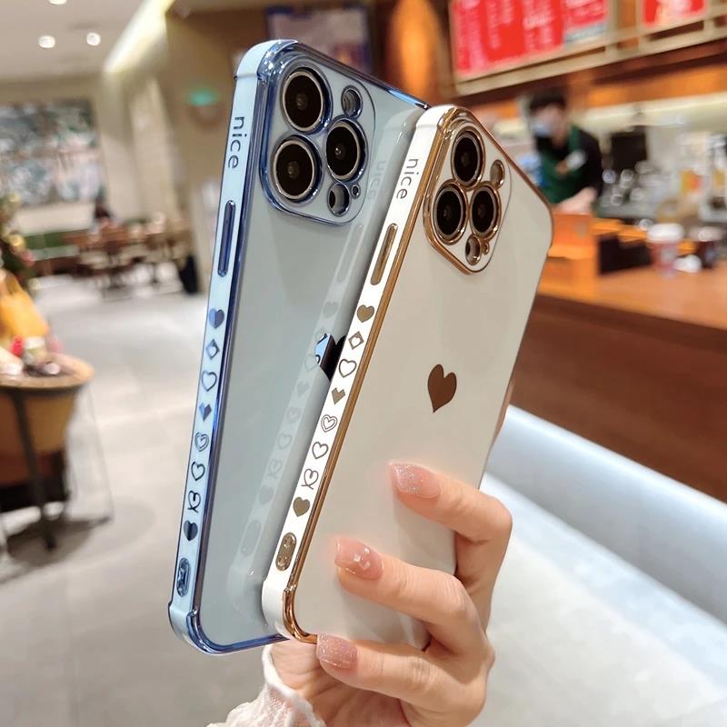 Soft Electroplated Love Heart Phone Case For iPhone 11 12 13 14 15 Pro Max XS X XR 7 8 Plus Mini SE 2020 Silicone Cases Cover