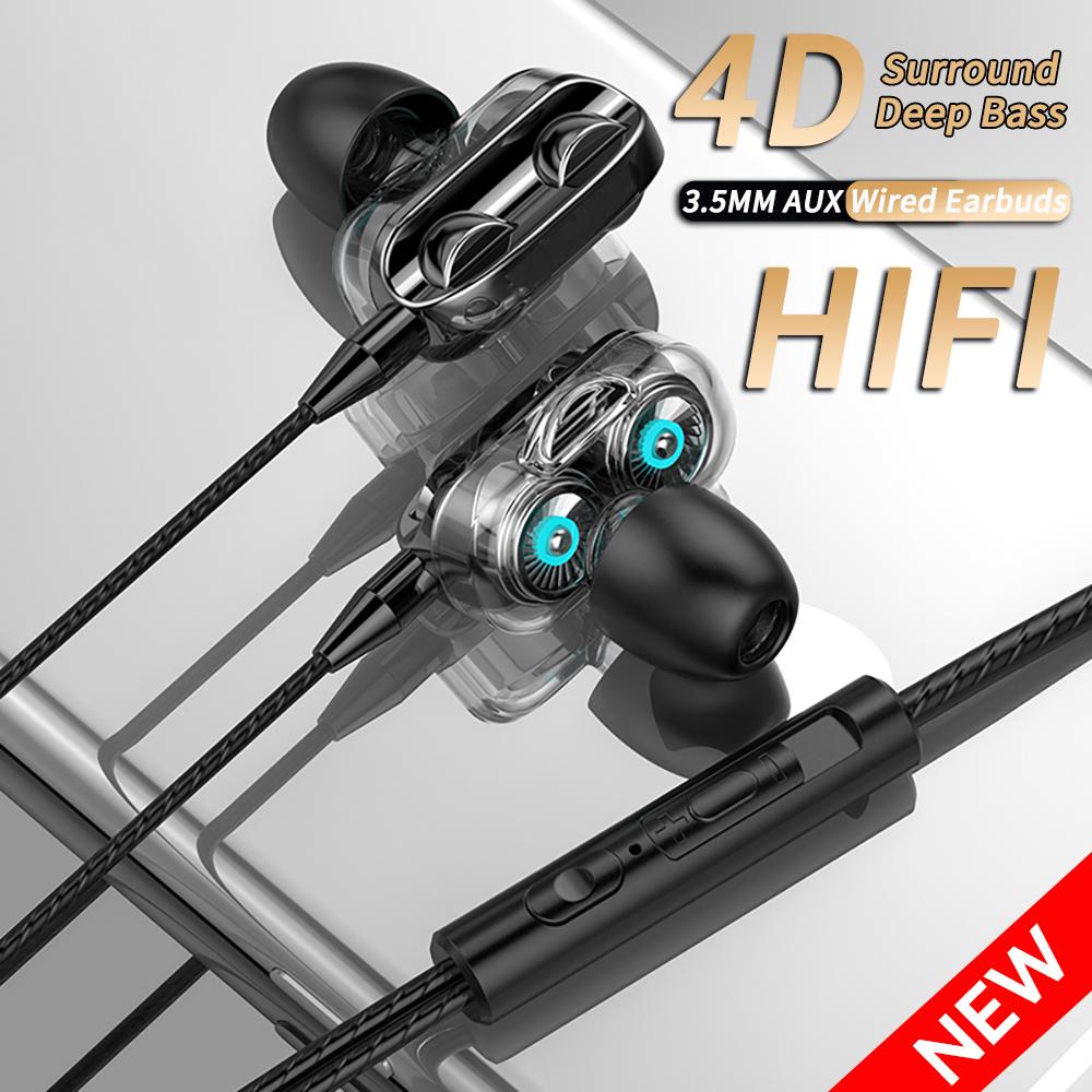 3.5mm Wired Headphones Noise Canceling In-Ear Sports Earphone Dual Driver Bass Stereo Gaming Headset HiFi Music Earbuds With Mic