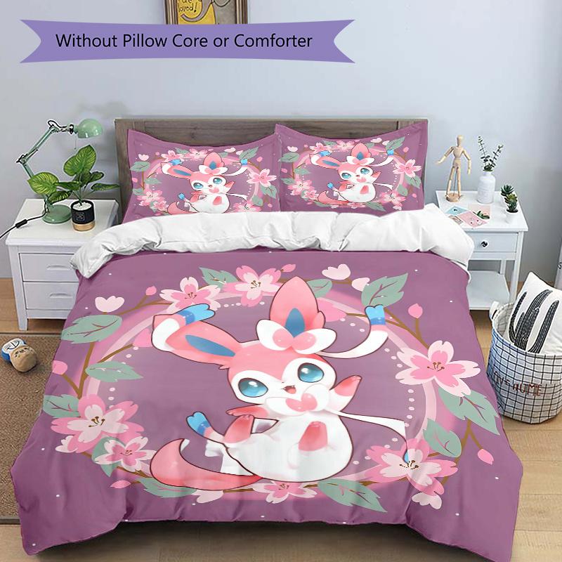3pcs Sylveon Bedding Set - Includes 1 Quilt Cover and 2 Pillowcases, Comfortable Bedding with Stylish Design for Bedroom, Machine Washable -