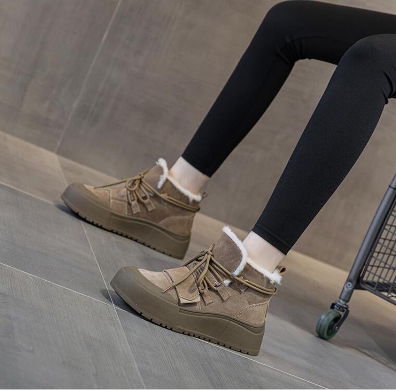 Зимние ботинки из натуральной кожи с высоким верхом на толстой подошве, с меховой и травяной подкладкой, с шерстяным хлопковым утеплителем, женская хлопковая обувь