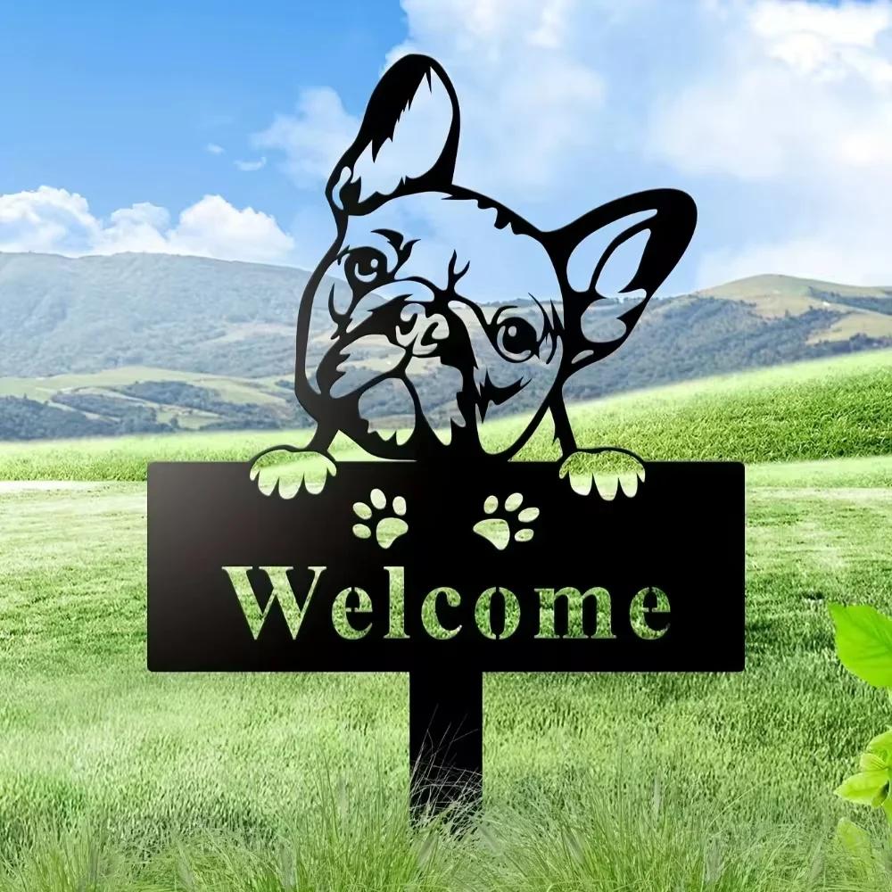 Изысканное садовое металлическое украшение - садовый столб в стиле бульдог в стиле ар-деко. Прочный металлический памятный маркер. Подарок для любителей домашних животных.