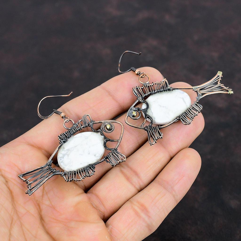 Серьги из говлита, обмотанные медной проволокой, серьги из натуральных драгоценных камней, украшения ручной работы, обмотанные медной проволокой, серьги-рыбки, подарок на помолвку